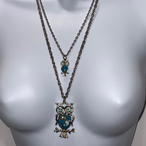 Vintage Jewelry - Vintage Silver & Turquoise Double Owl Pend…